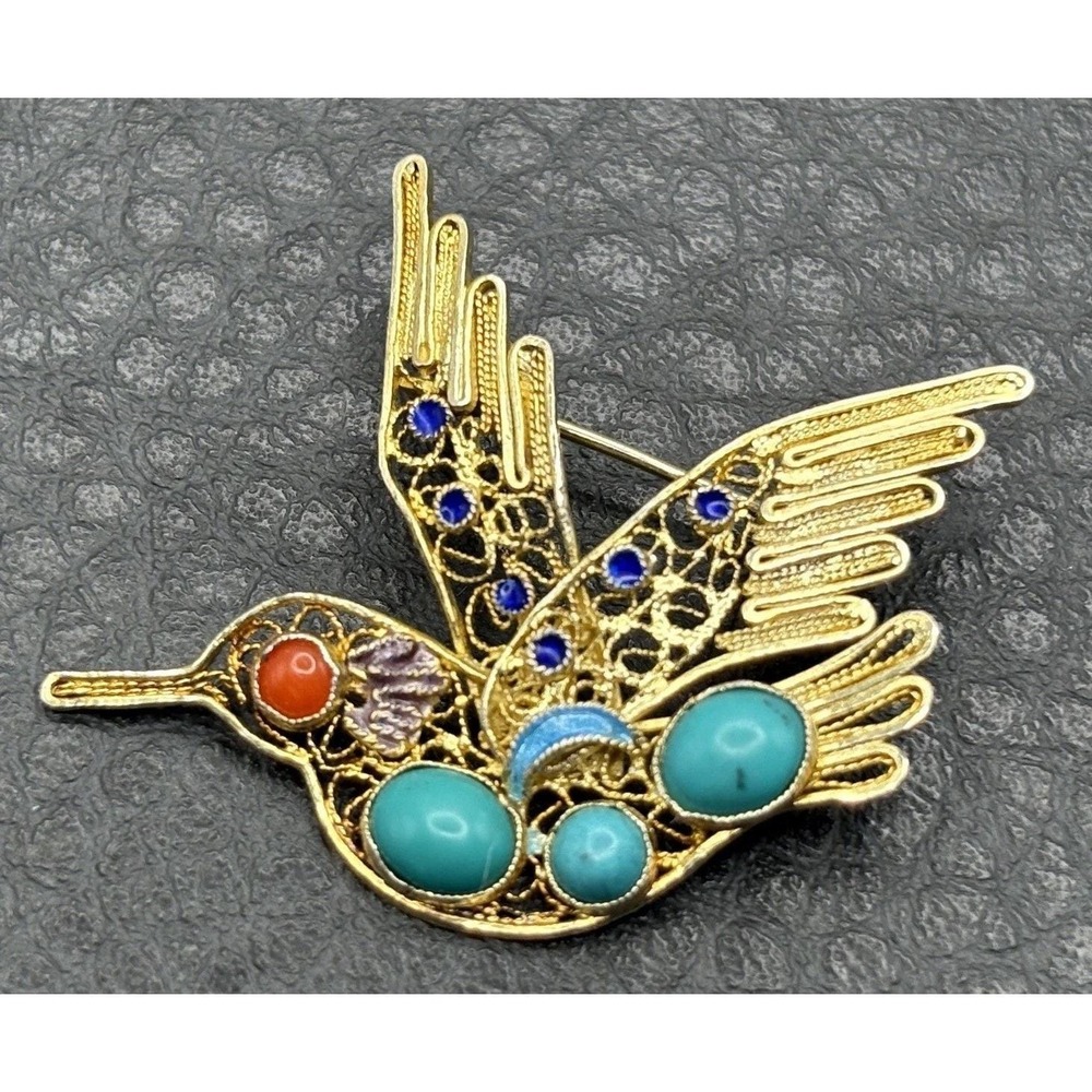 VTG Hummingbird Brooch Vermeil 925 Sterling Silver Turquoise Coral Blue Enamel